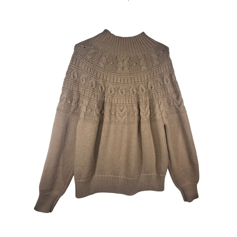 Banana Republic Mens XL Tan‎ Cable Knit Fair Isle Mock Neck Cotton Wool Sweater